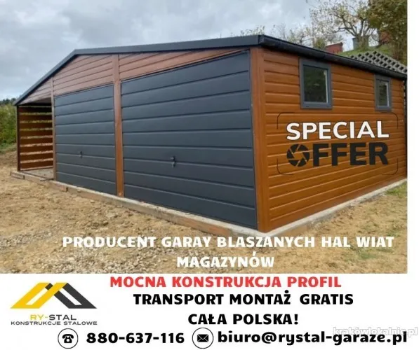 Garaż blaszany z miejscem gospodarczym PRODUCENT Wiata Hala Magazyn