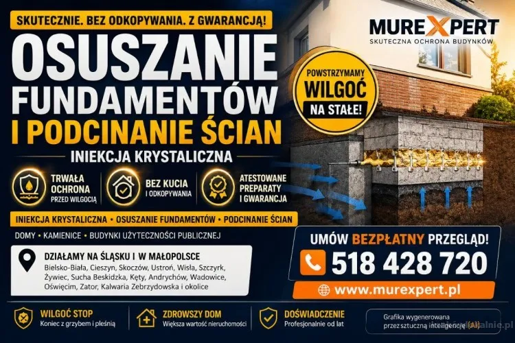 Osuszanie budynków, drenaż fundamentów, iniekcja krystaliczna